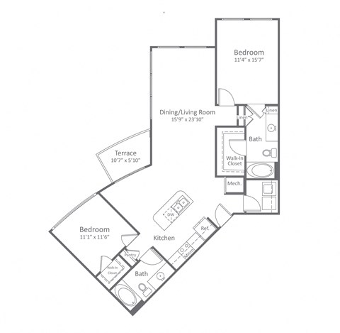 Floor plan for 2 beds, 2 baths, 1227 sqft